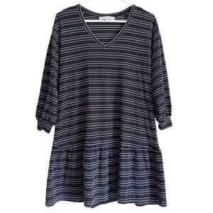 Loft Mini Dress Stripe Swiss Dot Long Sleeve Casual V Neck Casual Navy Blue